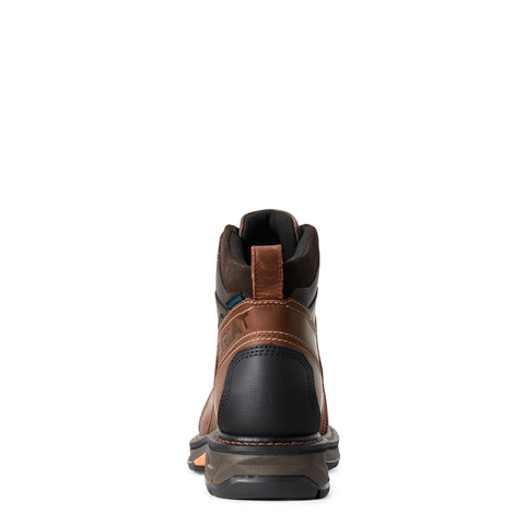 rear view of mid rise tan work boot with black accent and dark brown sole