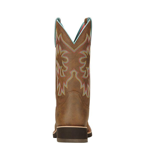 back view of light brown cowgirl boot with pink, yellow, and light blue embroidery