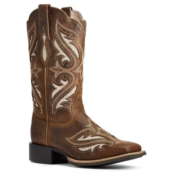 dark brown cowgirl boot with light brown inlays and light brown embroidery