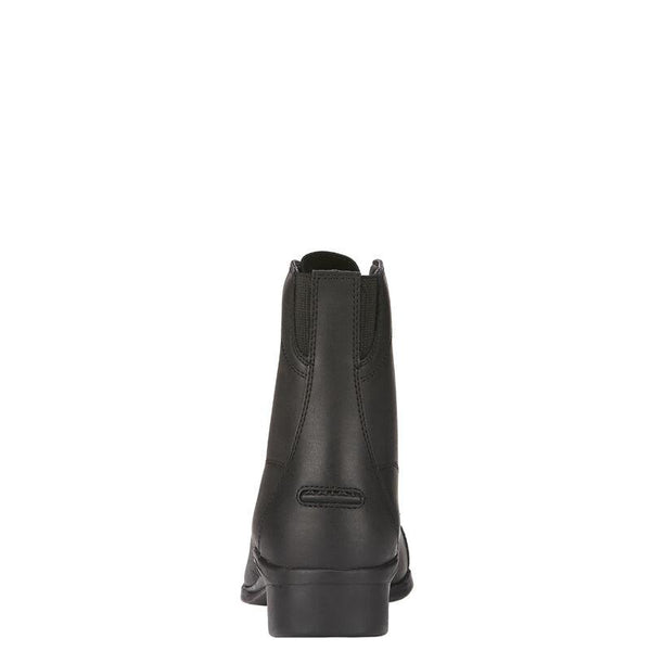 back view of high top black riding boot with black laces