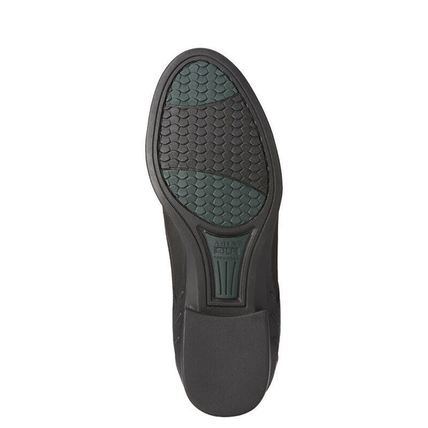 black sole on black riding boot