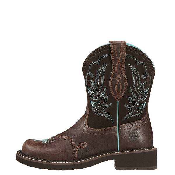 side view of mid-rise dark brown cowgirl boot with light blue embroidery