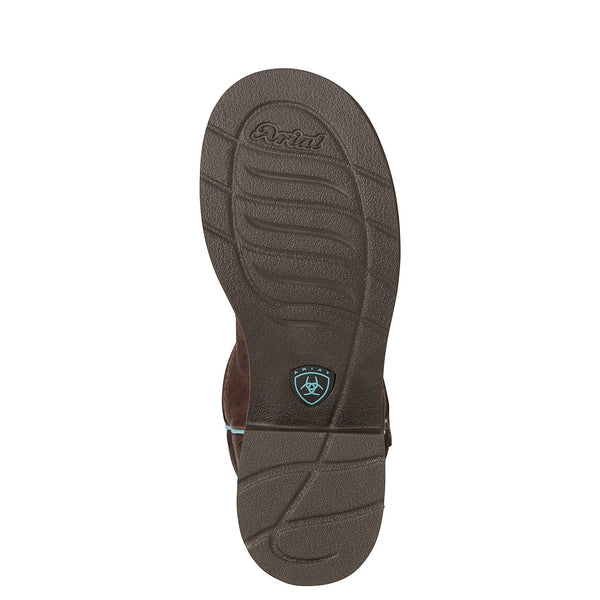 brown sole on cowgirl boot with a light blue logo