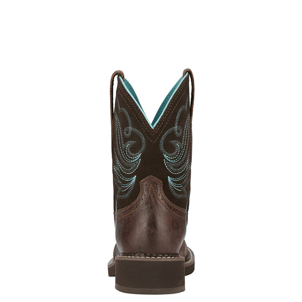 back view of mid-rise dark brown cowgirl boot with light blue embroidery