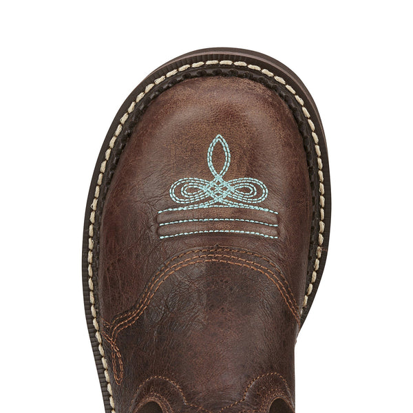 round toe on mid-rise dark brown cowgirl boot with light blue embroidery