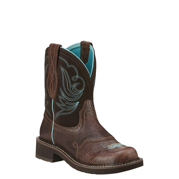 mid-rise dark brown cowgirl boot with light blue embroidery