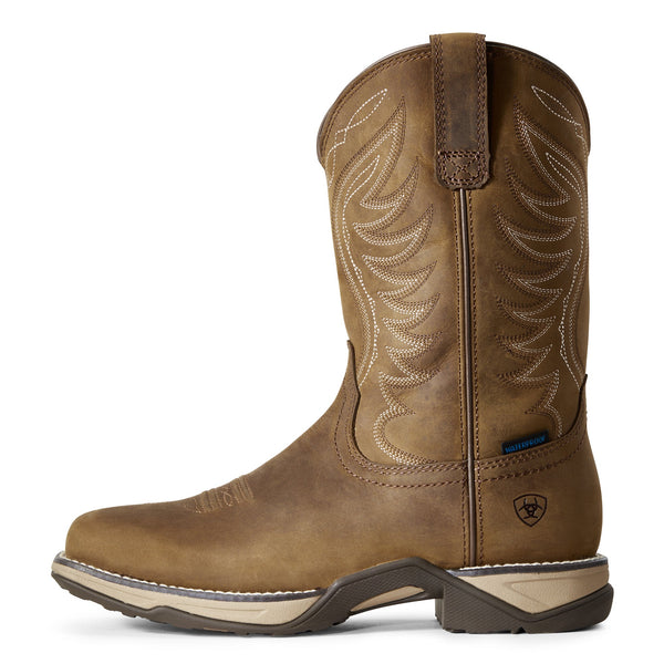 alternative side view of high top pull on light brown work boot with white embroidery