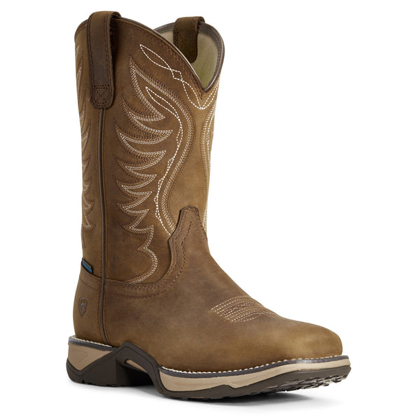 high top pull on light brown work boot with white embroidery