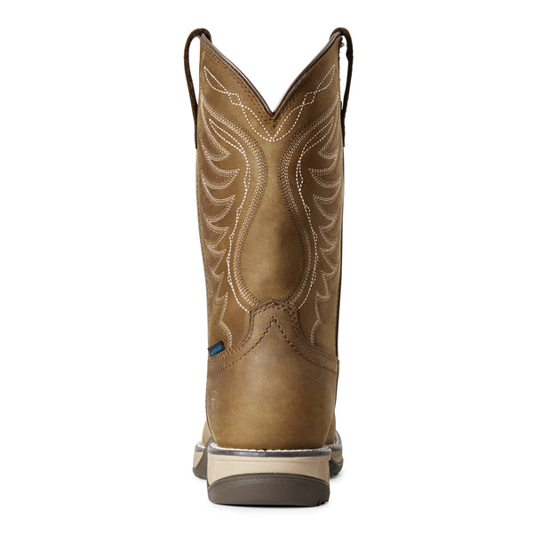 rear view of high top pull on light brown work boot with white embroidery 