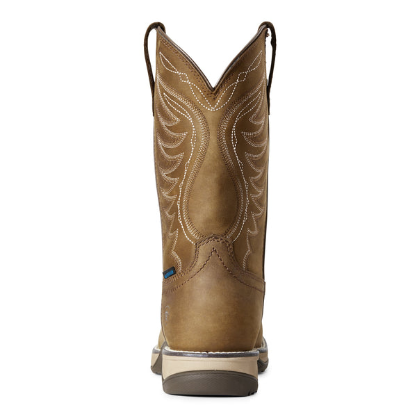 rear view of high top pull on light brown work boot with white embroidery