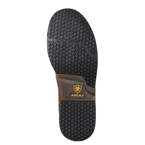 black sole on work boot with yellow logo