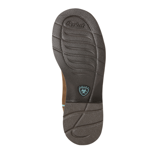 dark brown sole on cowgirl boot with light blue logo