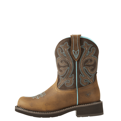 side view of mid-rise cowgirl boot with light blue and brown embroidery 