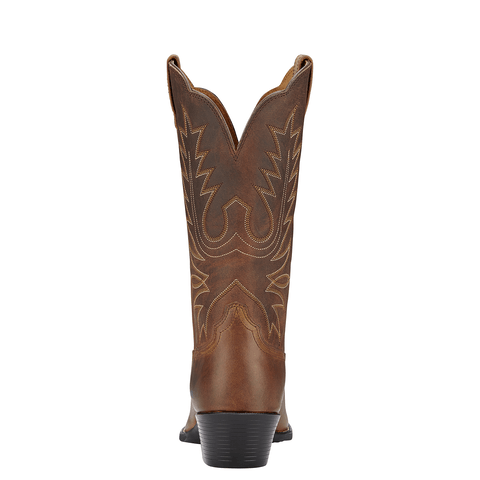 back view of brown cowgirl boot with light brown embroidery