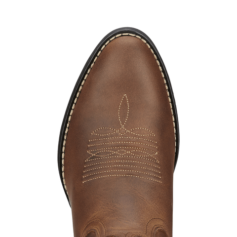 pointed toe on brown cowgirl boot with light brown embroidery