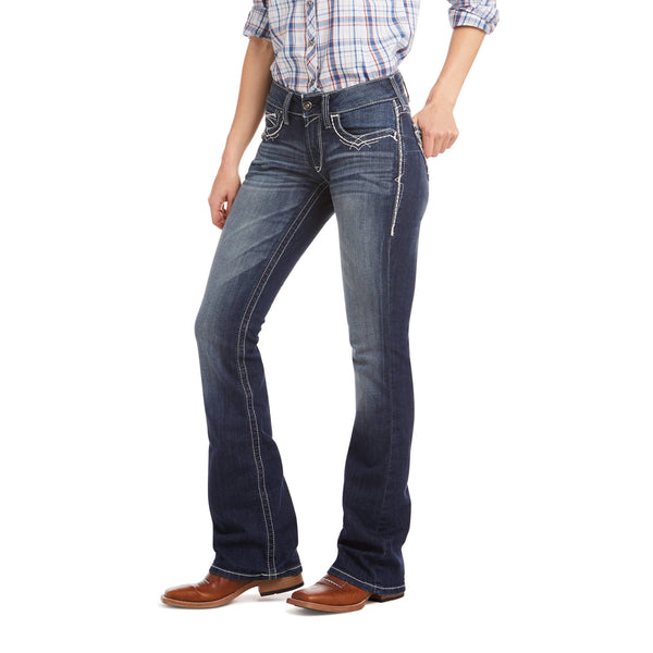 women's dark blue distressed boot leg denim jeans with white pocket stitching