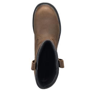 top view of Tall dark brown work boot with black sole