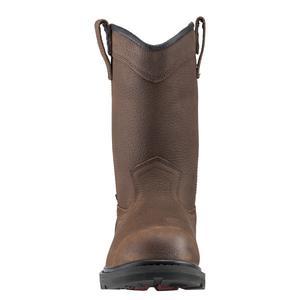 front view of Tall dark brown work boot with black sole
