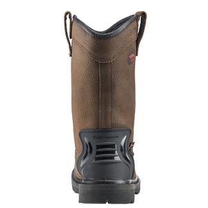 back view of Tall dark brown work boot with black sole with heel guard 
