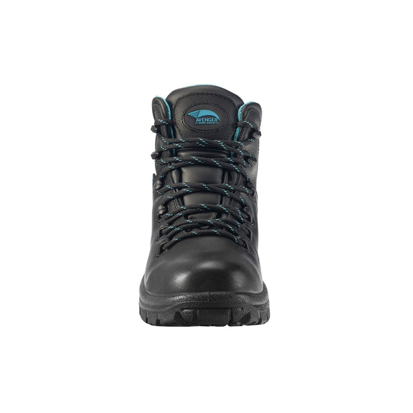 front view of black hiking boot with a matte finish and blue logo on tongue 