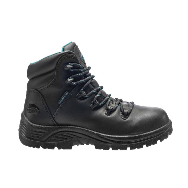 side view of black hiking boot with a matte finish and blue logo on tongue