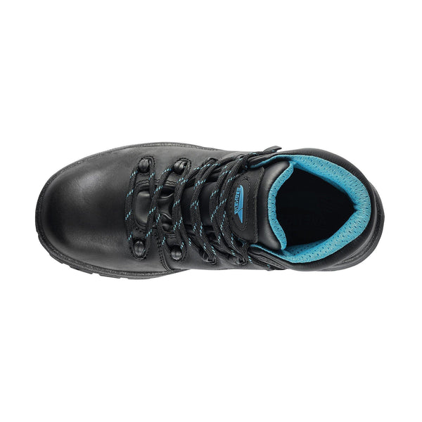 top view of black hiking boot with a matte finish and blue logo on tongue and blue fabric inside 