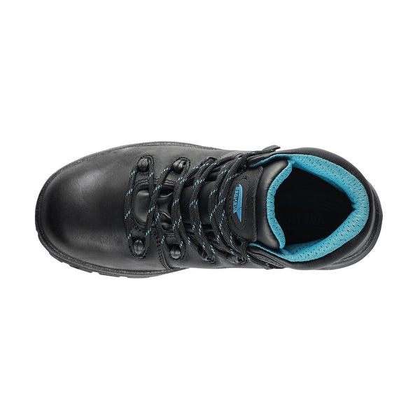 top view of black hiking boot with a matte finish and blue logo on tongue and blue fabric inside
