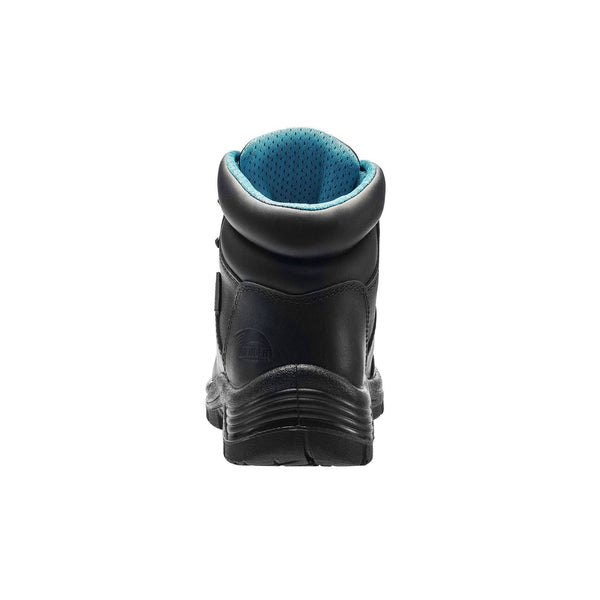 back view of black hiking boot with a matte finish and blue logo on tongue