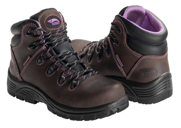 two dark brown hiking boot with purple accents and stiches 