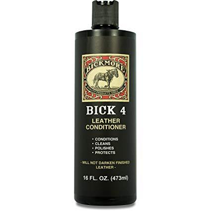 black bottle with the words Bick 4 leather conditioner, conditions, cleans, polishes, protects written on it