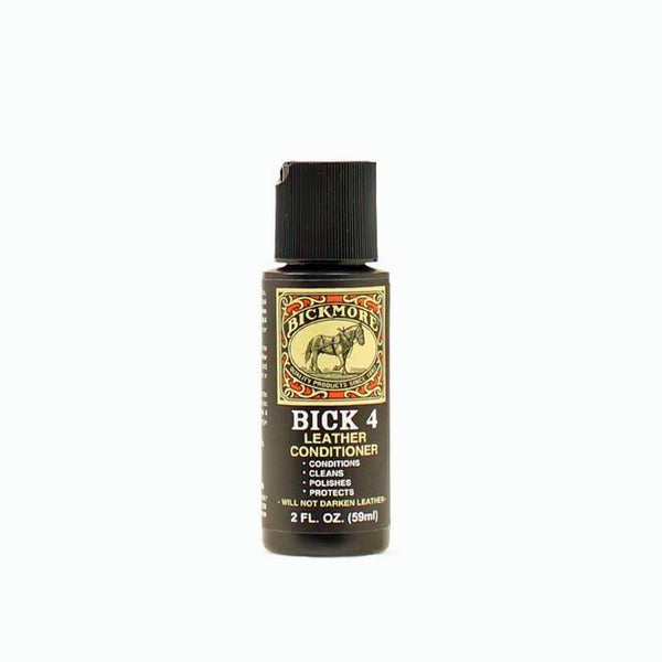 small black bottle with the words Bick 4 leather conditioner, conditions, cleans, polishes, protects written on it