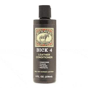 8 oz black bottle with the words Bick 4 leather conditioner, conditions, cleans, polishes, protects written on it