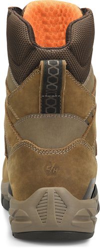 back view of mens light brown work boots with tan sole and dark brown cushioned ankle cuff