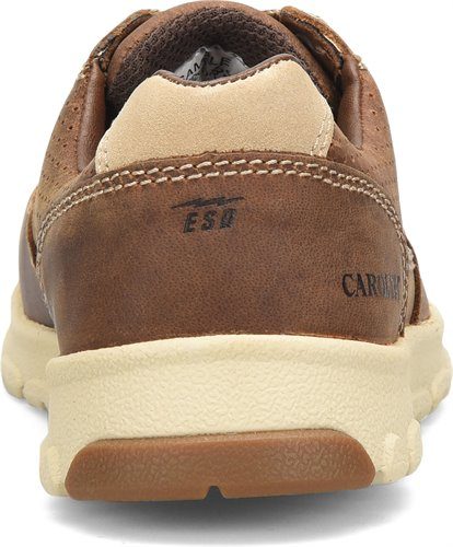 back heel view of women's brown and tan leather oxford work shoe with ESD stamped in center