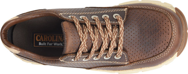top view of women's brown and tan oxford work shoe with laces and perforated pattern in top leather