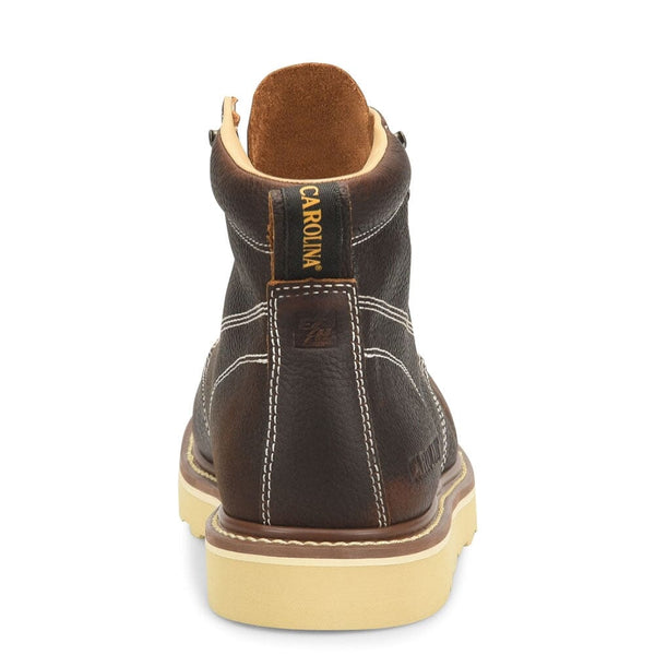 back of mens Carolina brown work boot with tan sole and white stitching