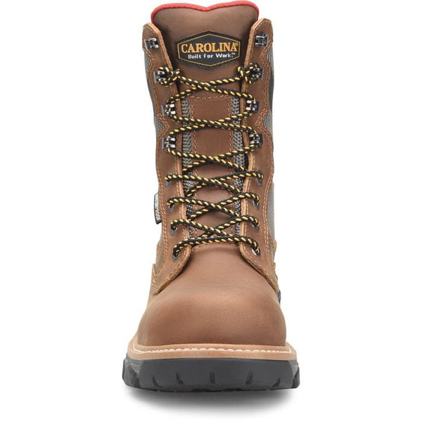 front view of high top round toe brown work boot with black and yellow laces