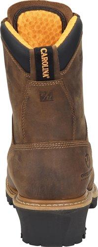 back of hightop brown work boot with black sole and orange interior