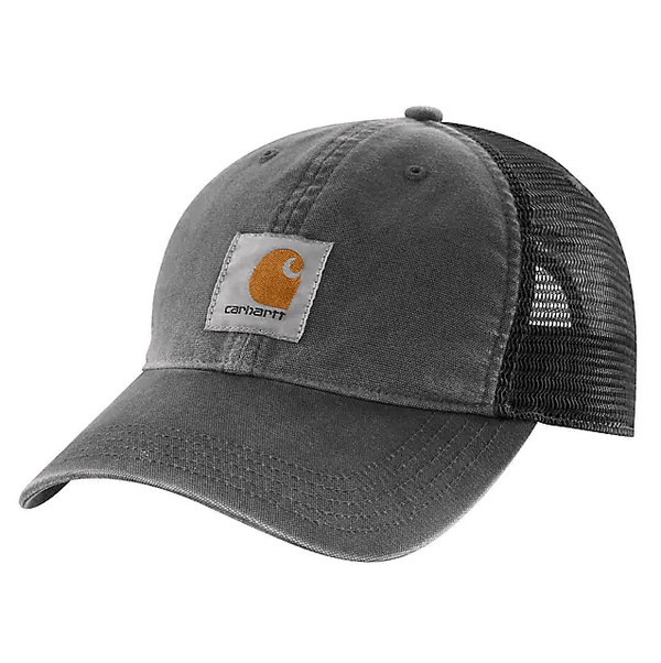 distressed black canvas and mesh snapback hat with Carhartt logo on front
