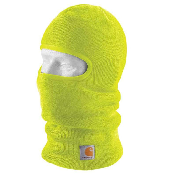 bright green yellow facemask headgear with carhartt logo stitched on neck