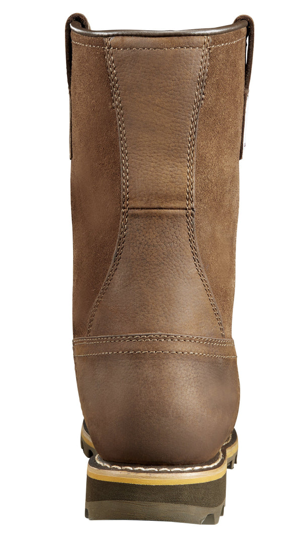 back view of high top brown leather work boots with Carhartt logo on side