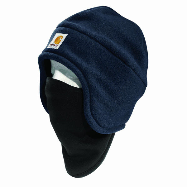 blue fleece hat with black fleece face mask