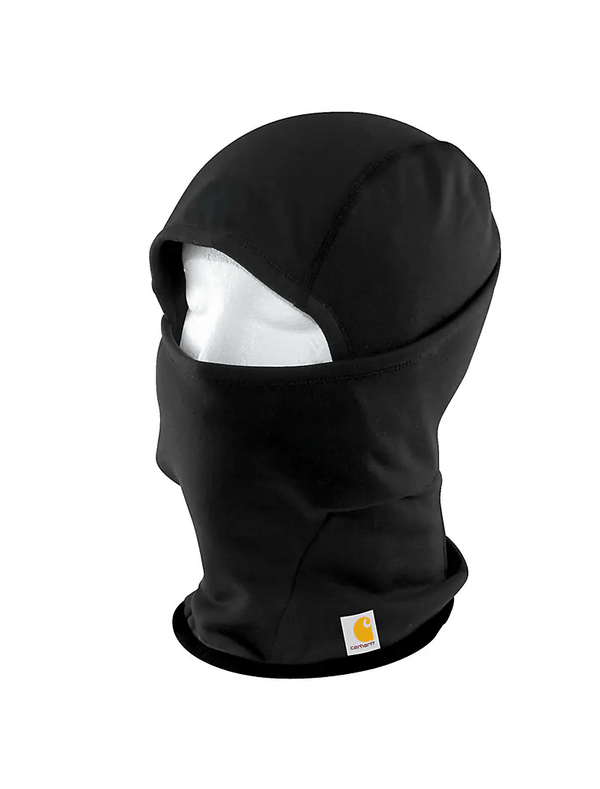 white mannequin head wearing black helmet liner hat and full facemask with carhartt logo near bottom hem
