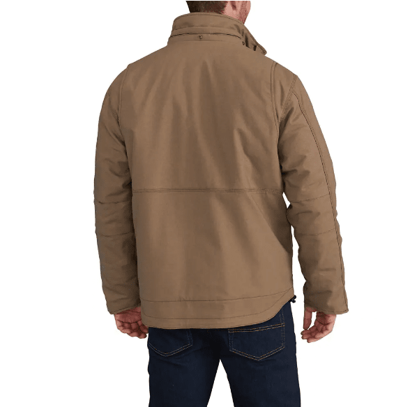 back of man wearing brown heavy coat with collar up