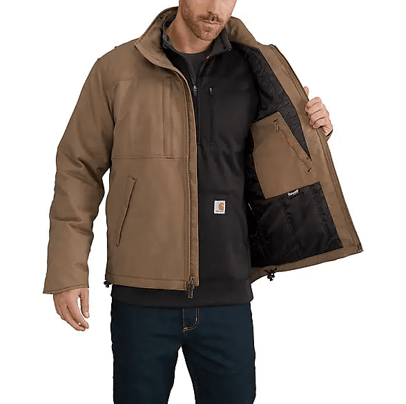 man wearing brown heavy coat holding one side open with inside pockets