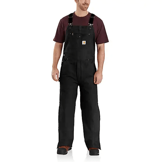man wearing black insulated bib overalls and maroon shirt