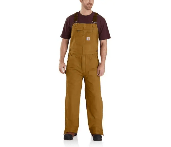 man wearing brown bib insulated overalls