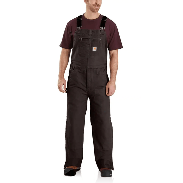 man wearing dark brown insulated bib overalls