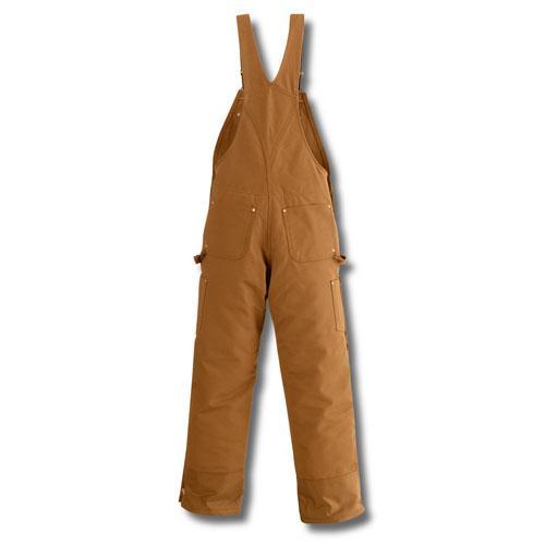 back of khaki bib overalls on white background