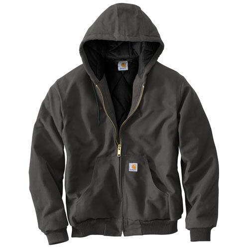 dark grey heavy jacket with hood on white background 
